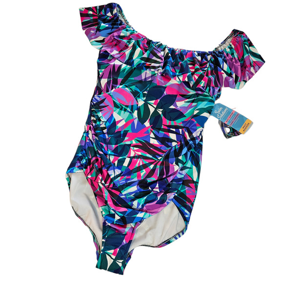 Swim Solutions Waist Minimizer Off the Shoulder One Piece Swimsuit Women's 18 - Picture 2 of 11